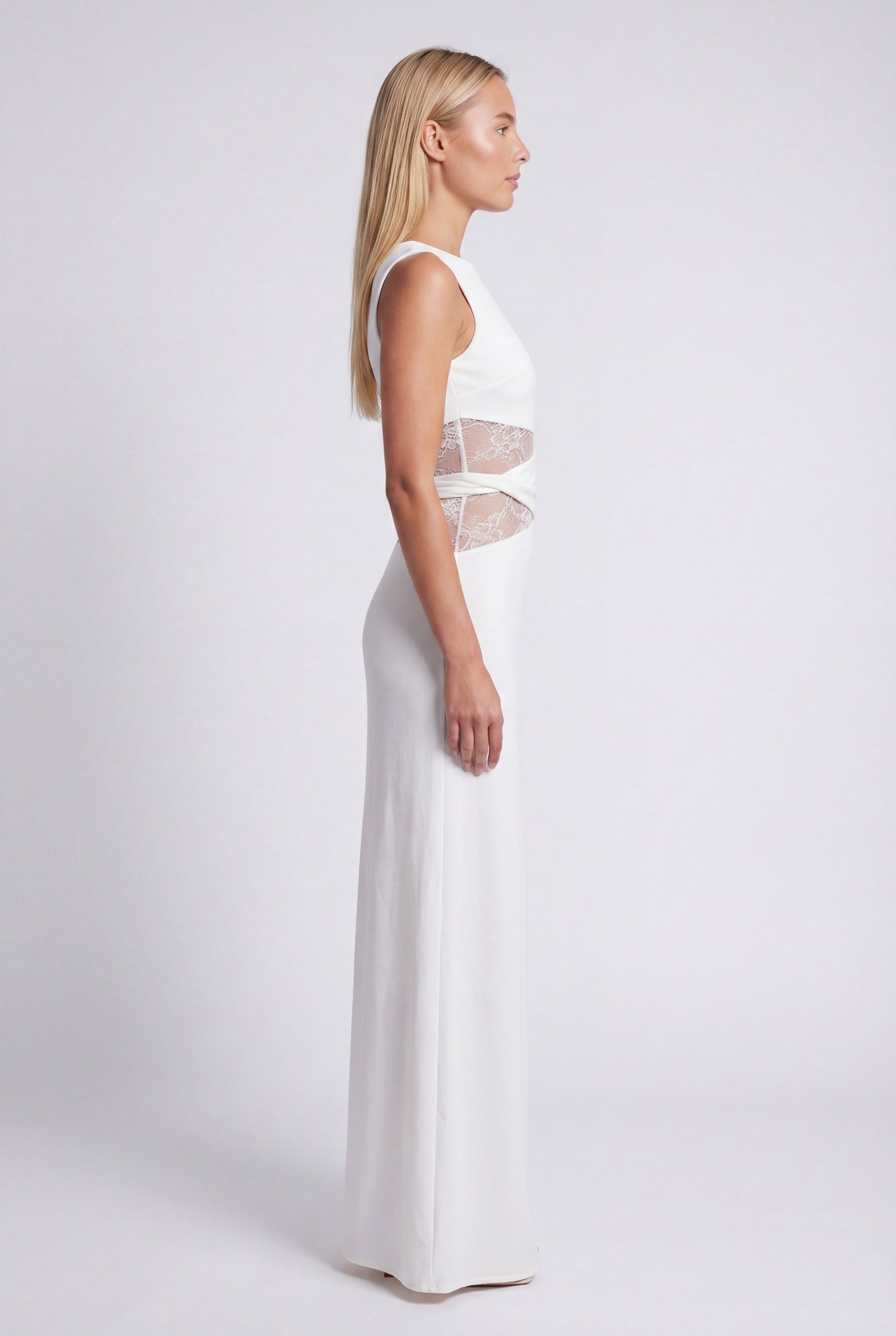 Vestido largo para mujer con cuello redondo y detalle de encaje en la cintura