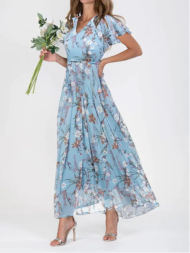 Vestido maxi acampanado para mujer con cuello en V