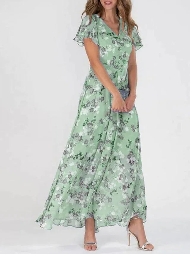 Vestido maxi acampanado para mujer con cuello en V