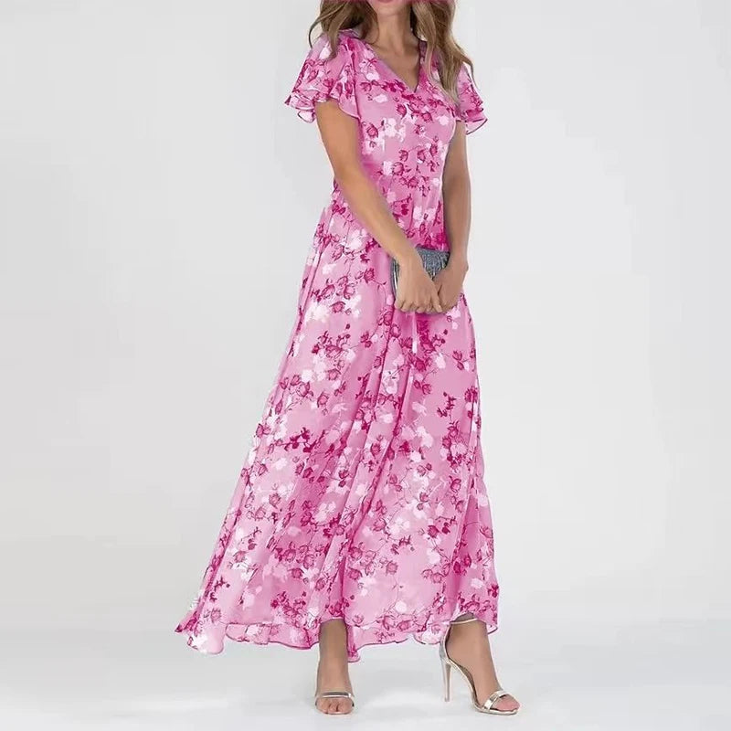 Vestido maxi acampanado para mujer con cuello en V