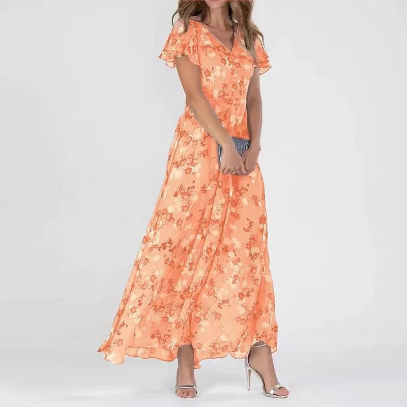 Vestido maxi acampanado para mujer con cuello en V