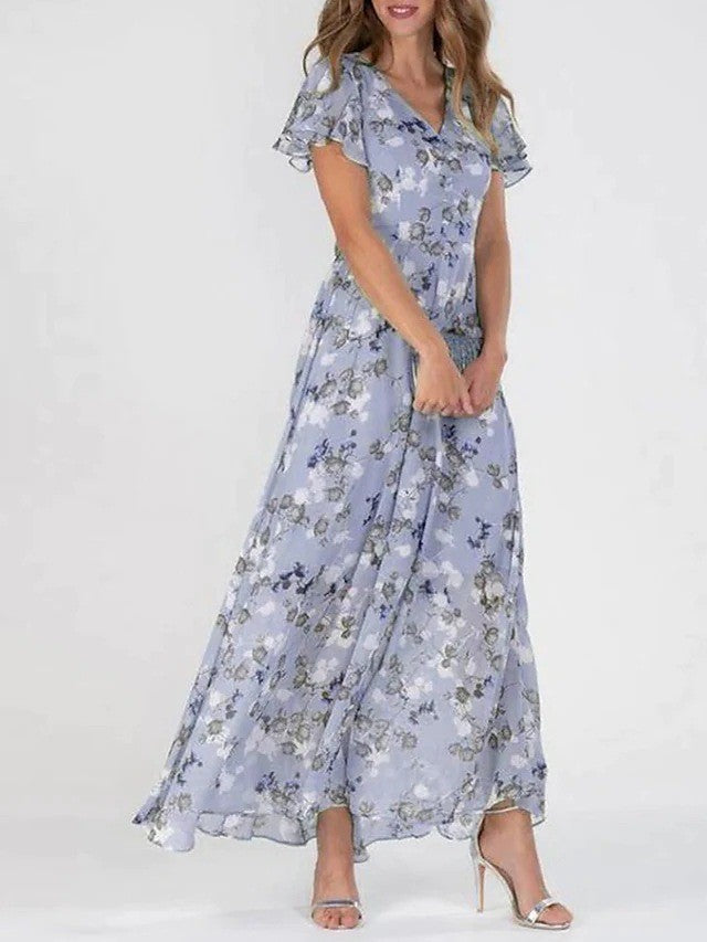Vestido maxi acampanado para mujer con cuello en V