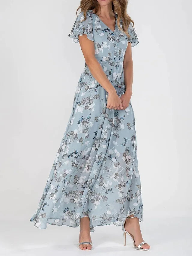 Vestido maxi acampanado para mujer con cuello en V