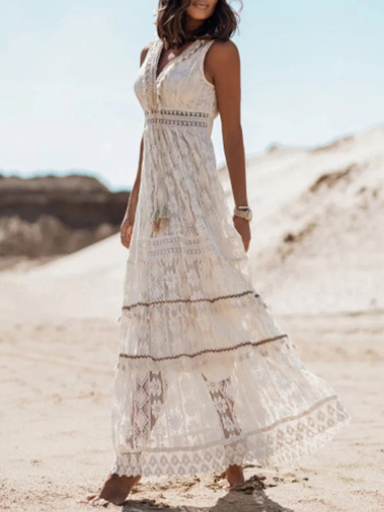 Vestido maxi bohemio elegante con mangas campana