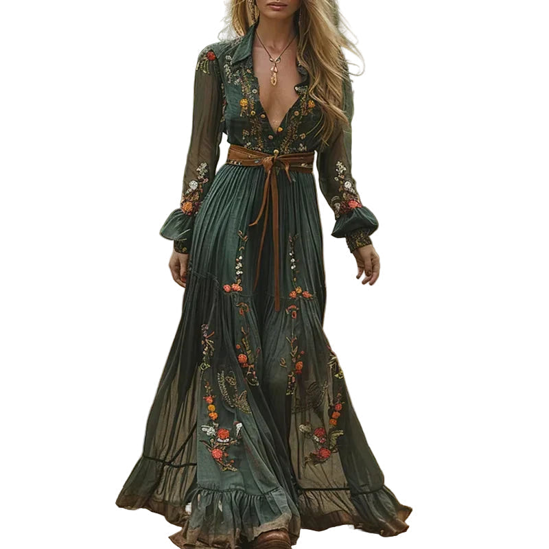 Vestido Maxi Bohemio para Mujer con Cuello en V en Azul y Verde