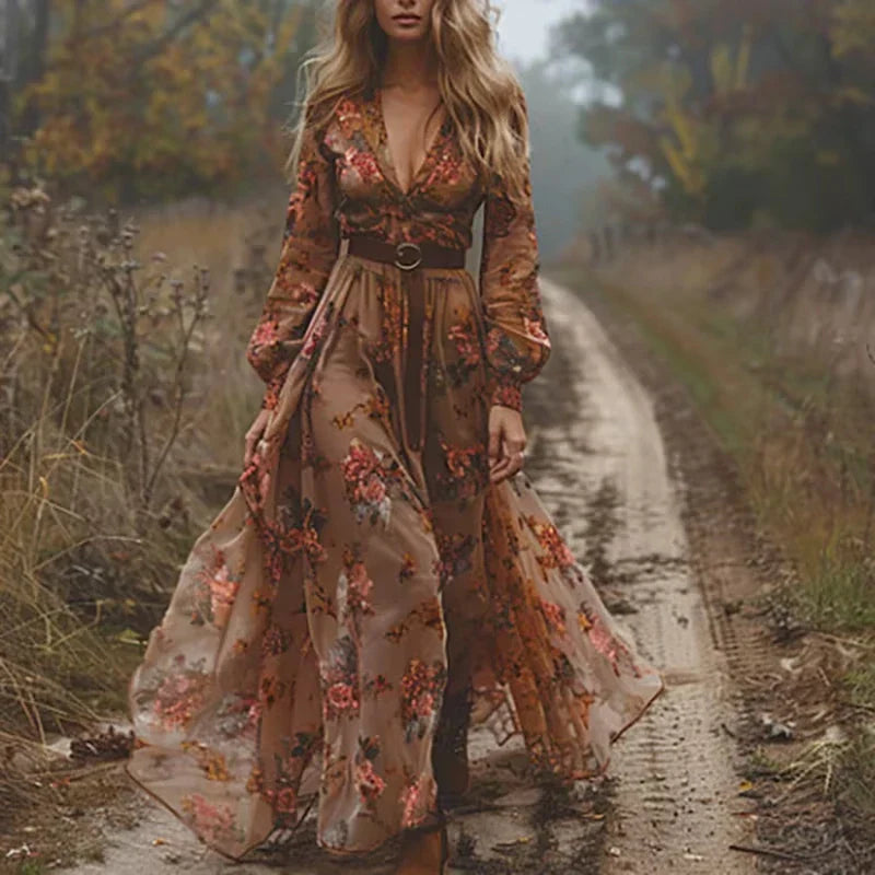 Vestido Maxi Bohemio para Mujer con Cuello en V en Azul y Verde