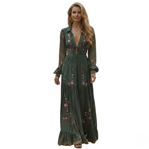 Vestido maxi boho de manga larga para mujer