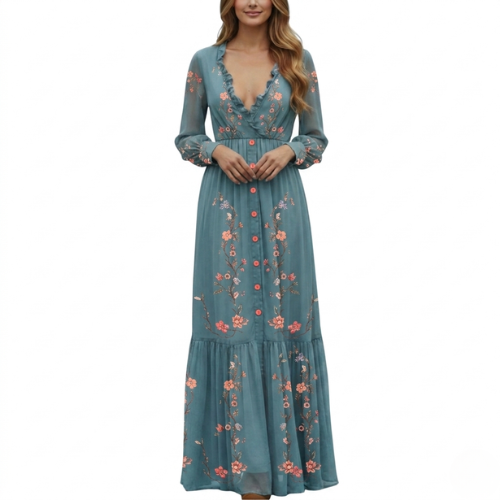 Vestido maxi boho de manga larga para mujer