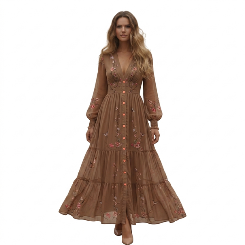 Vestido maxi boho de manga larga para mujer