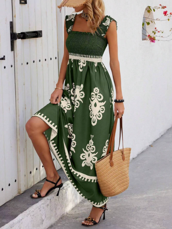 Vestido maxi con corpiño fruncido