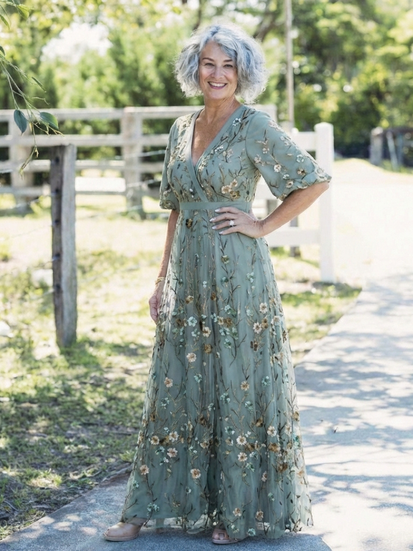 Vestido Maxi Cruzado Bordado para Mujer