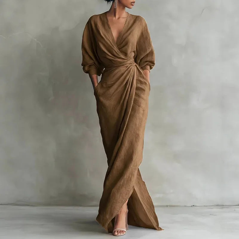 Vestido maxi cruzado con cuello en V para mujer
