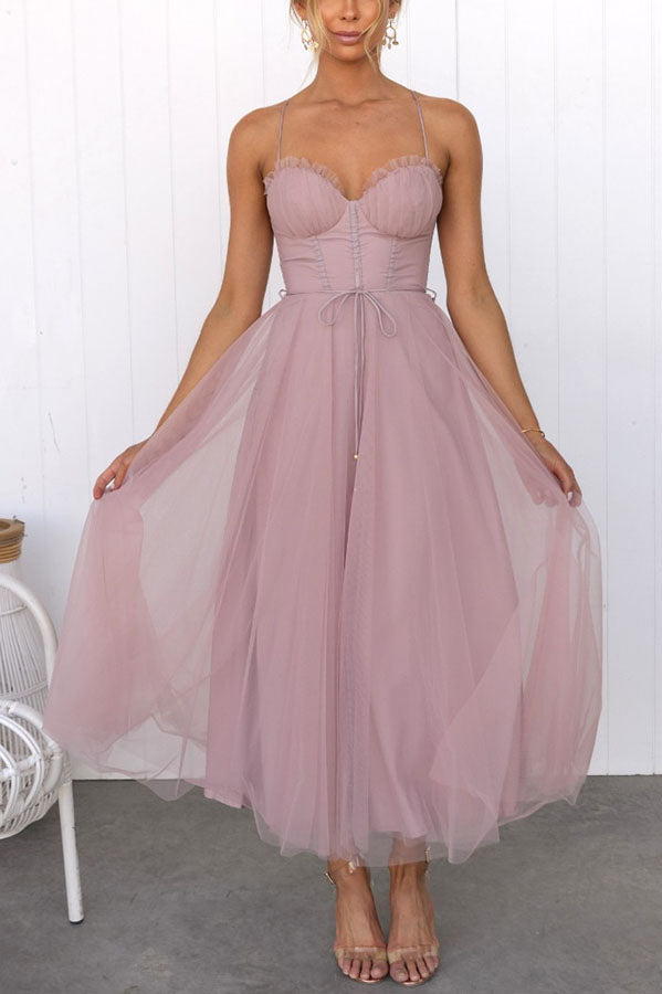 Vestido maxi de gasa fluido sin mangas con escote en V para mujer