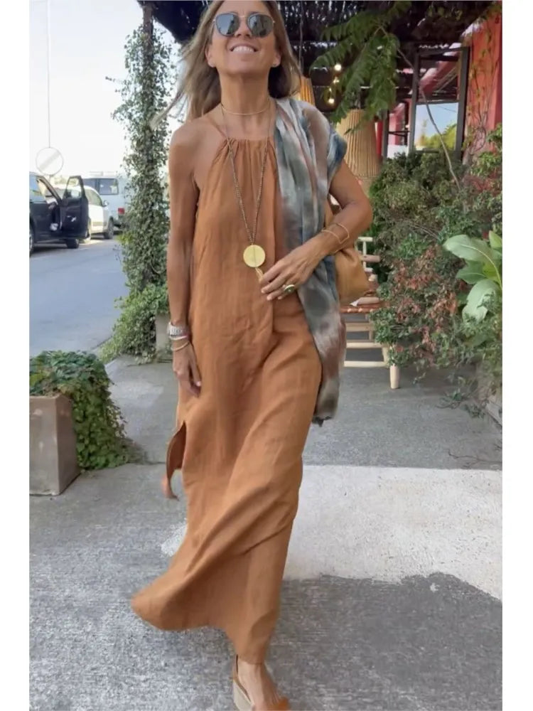 Vestido maxi de línea A con cuello halter y sin mangas para mujer