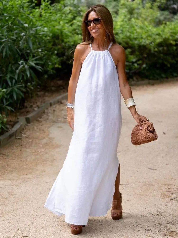 Vestido maxi de línea A con cuello halter y sin mangas para mujer