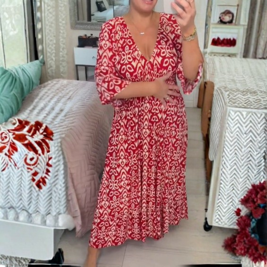 Vestido maxi de verano elegante con estampado, escote en V y caída fluida