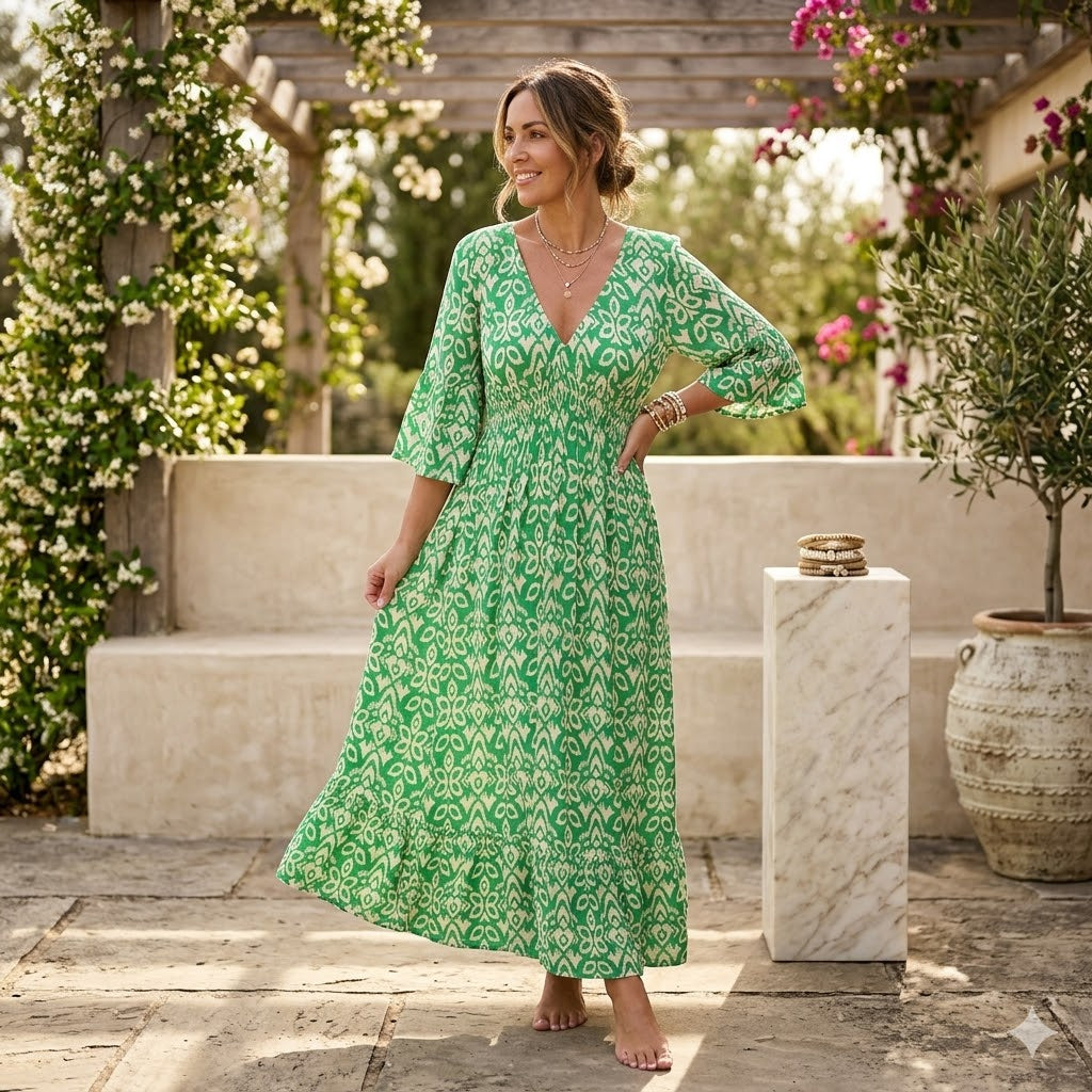 Vestido maxi de verano elegante con estampado, escote en V y caída fluida
