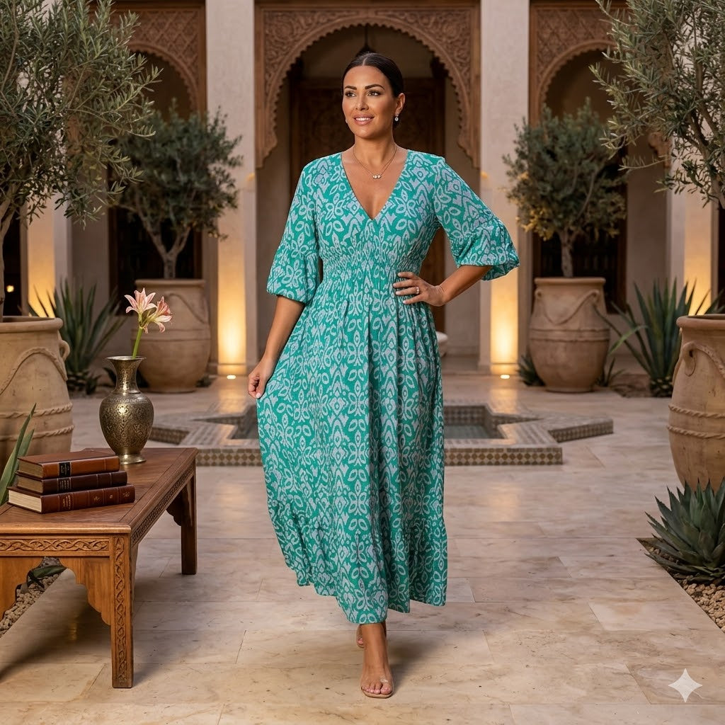 Vestido maxi de verano elegante con estampado, escote en V y caída fluida