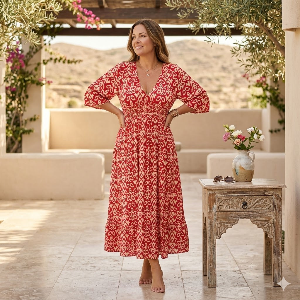 Vestido maxi de verano elegante con estampado, escote en V y caída fluida