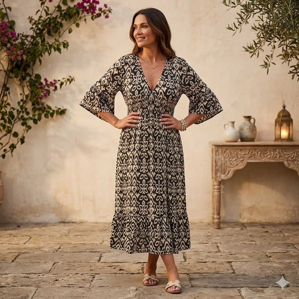 Vestido maxi de verano elegante con estampado, escote en V y caída fluida
