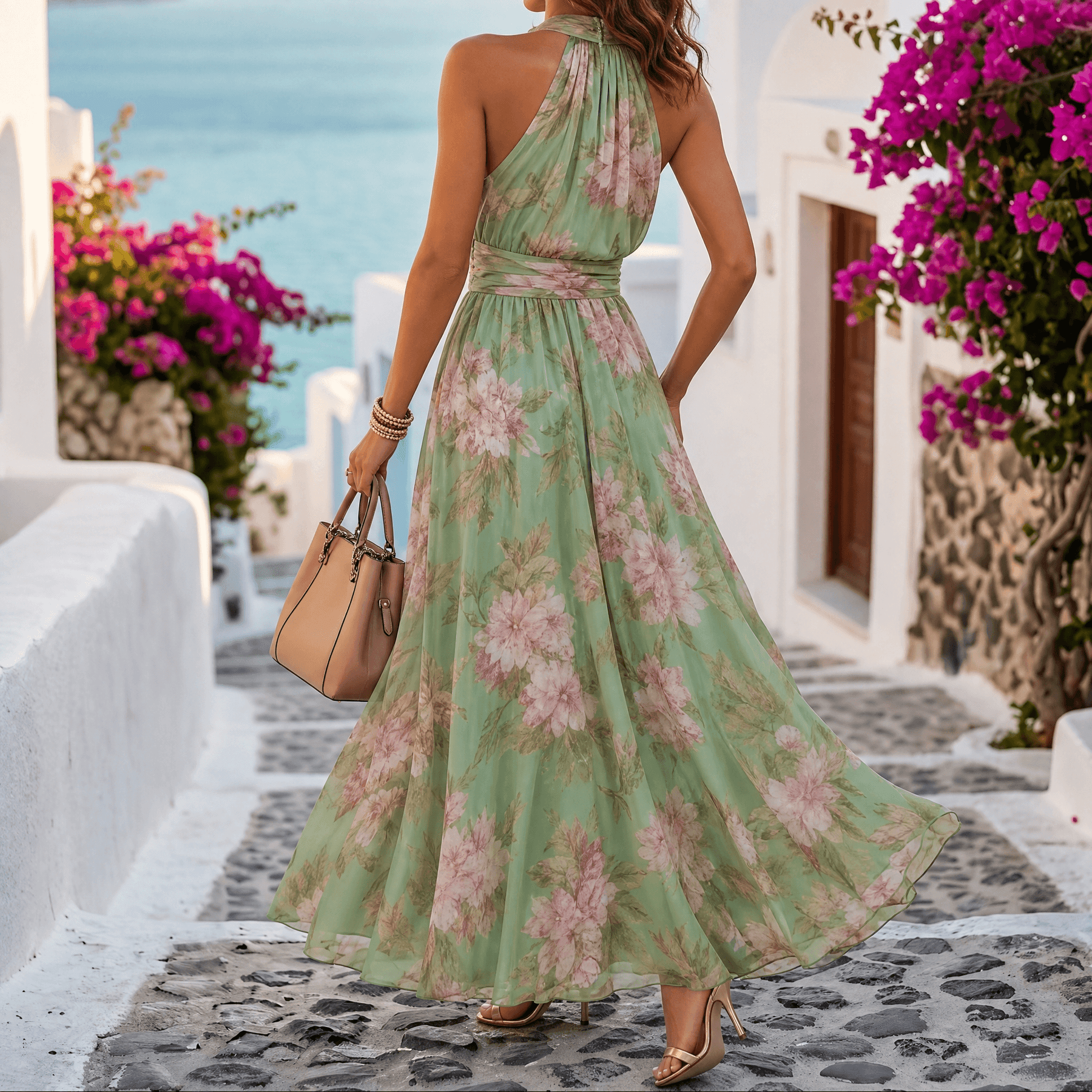 Vestido maxi de verano vaporoso con estampado floral para mujer en verde salvia