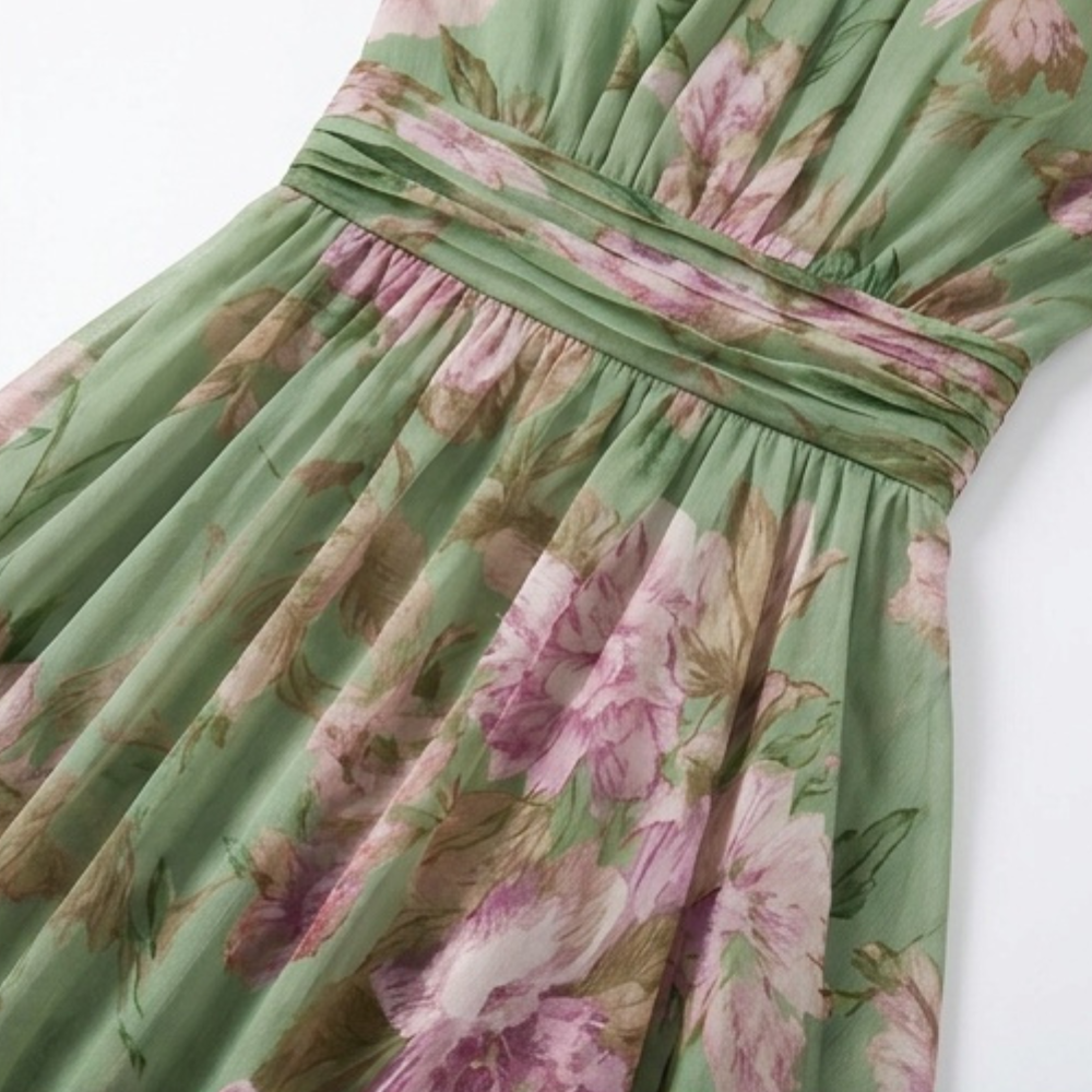Vestido maxi de verano vaporoso con estampado floral para mujer en verde salvia