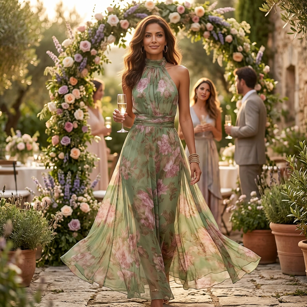 Vestido maxi de verano vaporoso con estampado floral para mujer en verde salvia