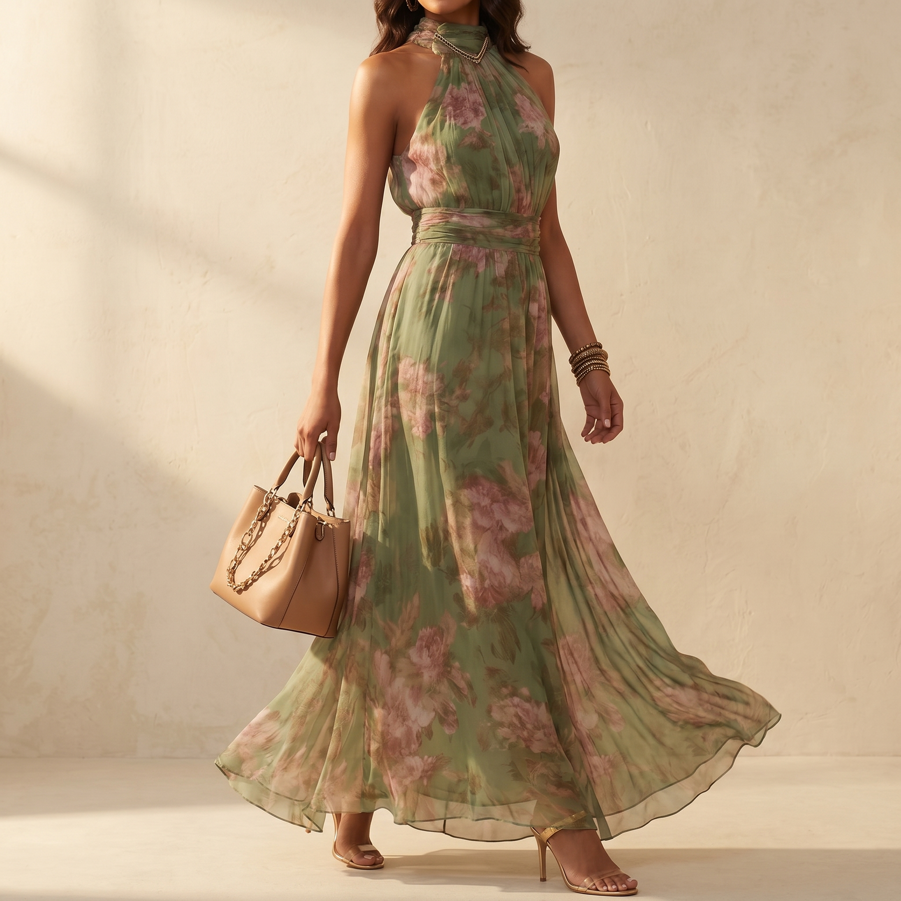 Vestido maxi de verano vaporoso con estampado floral para mujer en verde salvia
