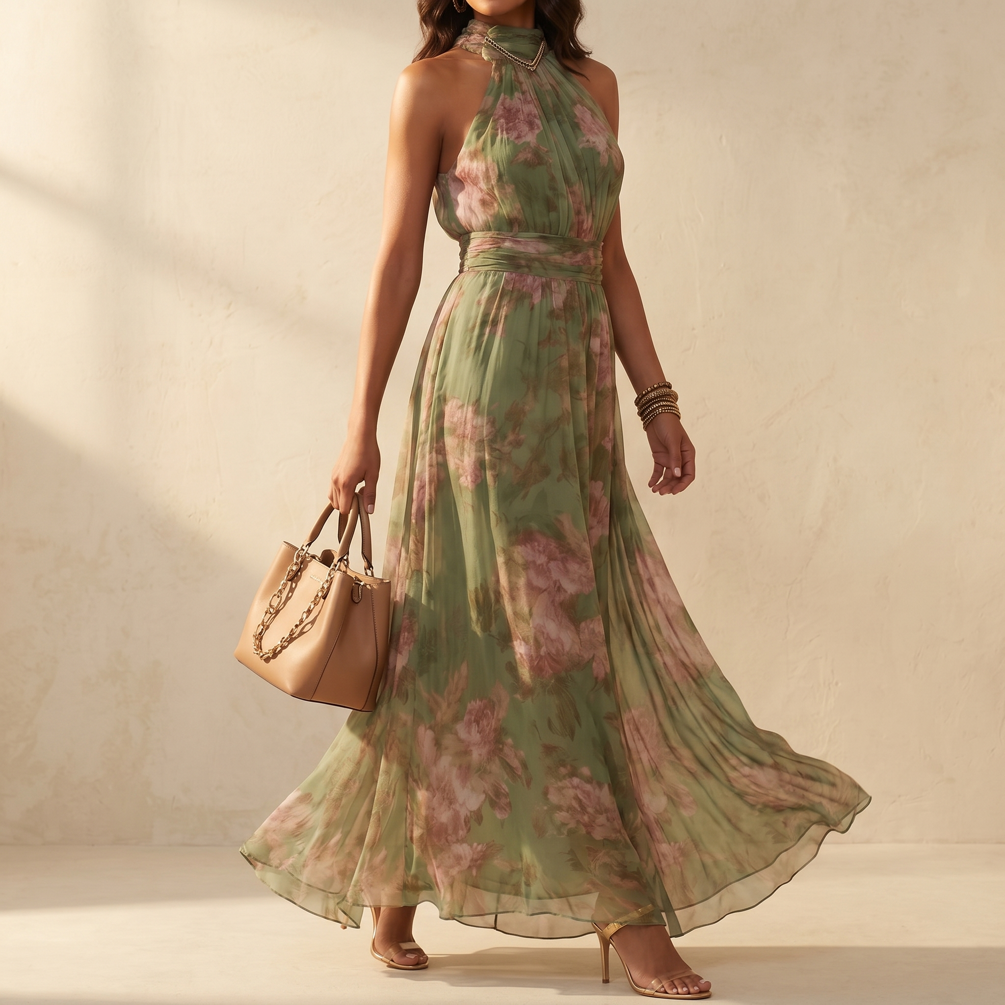 Vestido maxi de verano vaporoso con estampado floral para mujer en verde salvia