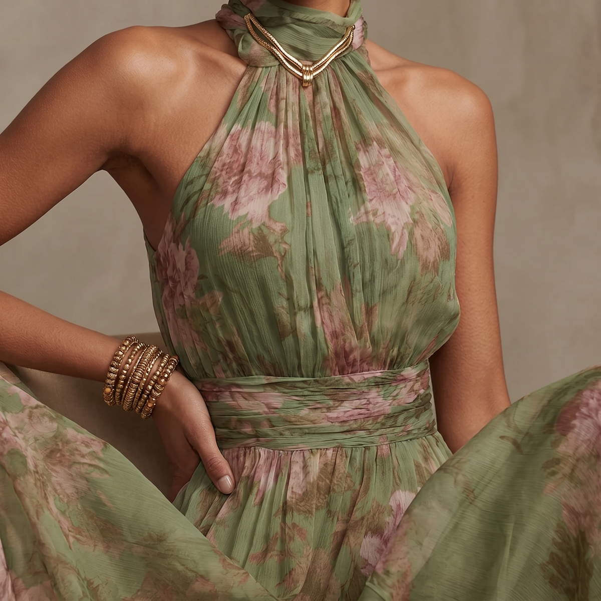 Vestido maxi de verano vaporoso con estampado floral para mujer en verde salvia
