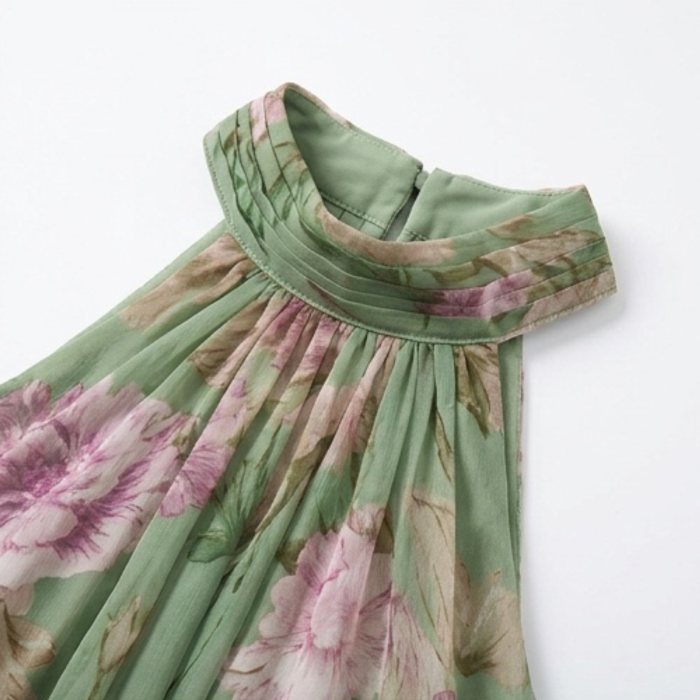 Vestido maxi de verano vaporoso con estampado floral para mujer en verde salvia