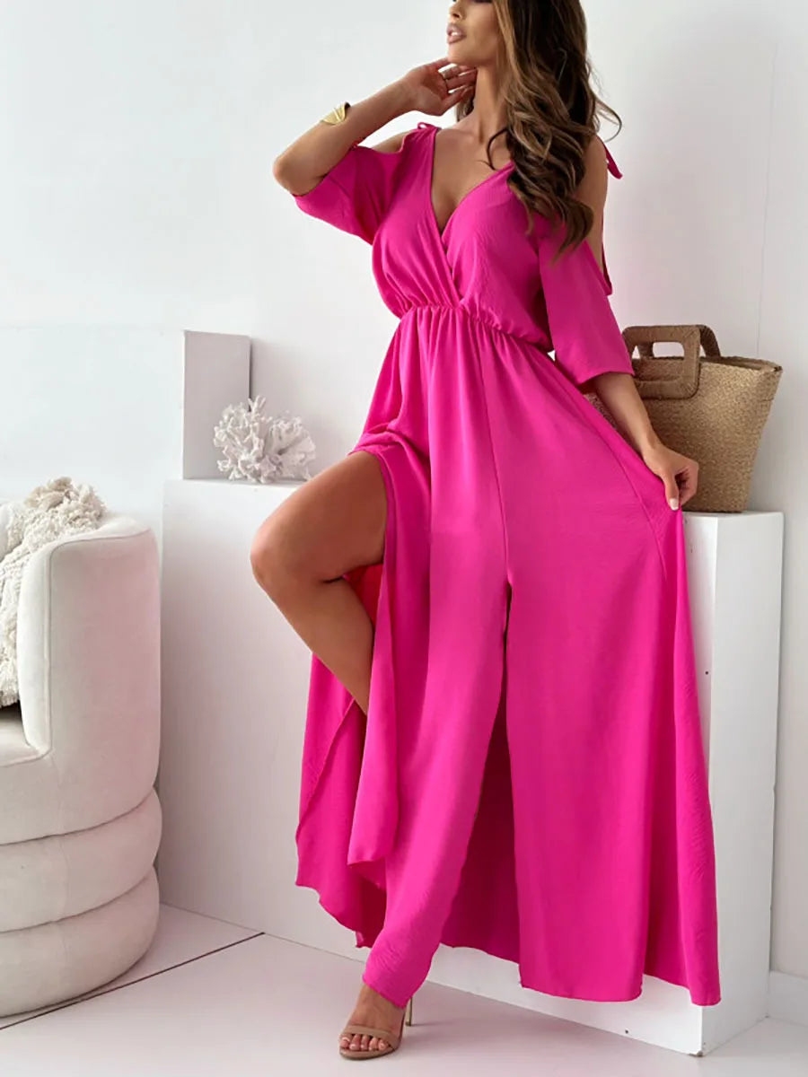 Vestido maxi elegante con hombros descubiertos