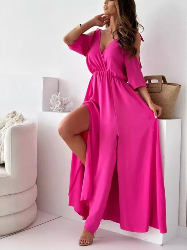 Vestido maxi elegante con hombros descubiertos
