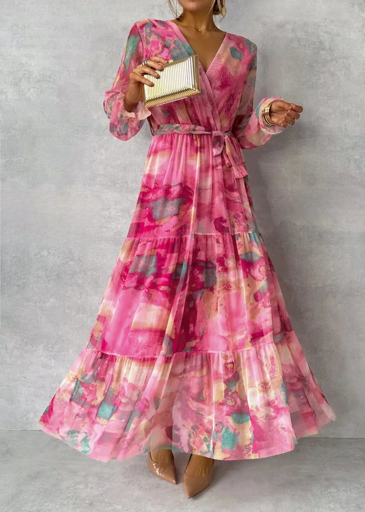 Vestido Maxi Elegante Envolvente - Mangas Largas - Para Fiesta