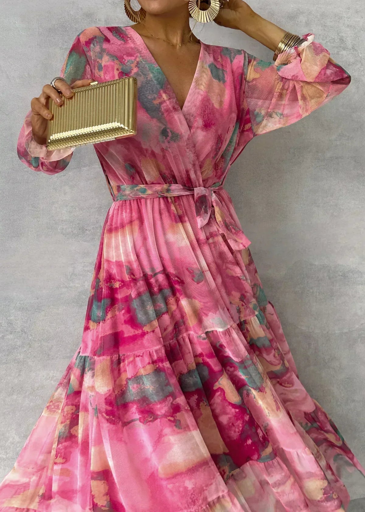 Vestido Maxi Elegante Envolvente - Mangas Largas - Para Fiesta