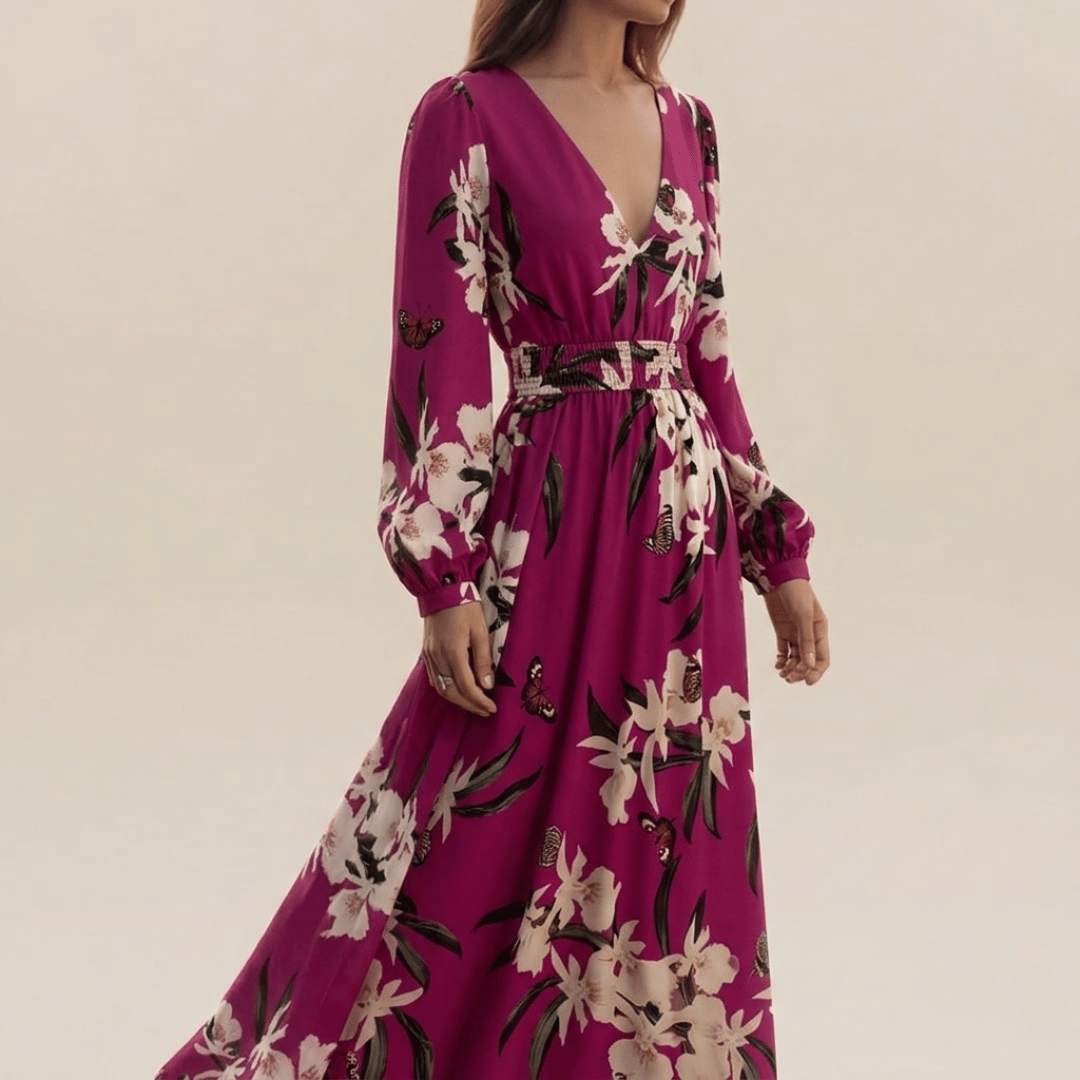 Vestido maxi floral de manga larga para mujer
