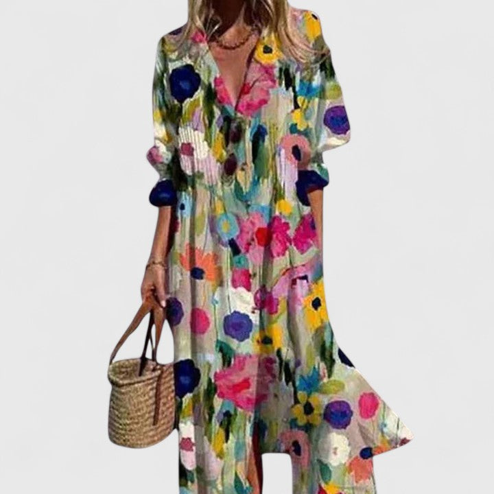 Vestido maxi floral para mujer con botones
