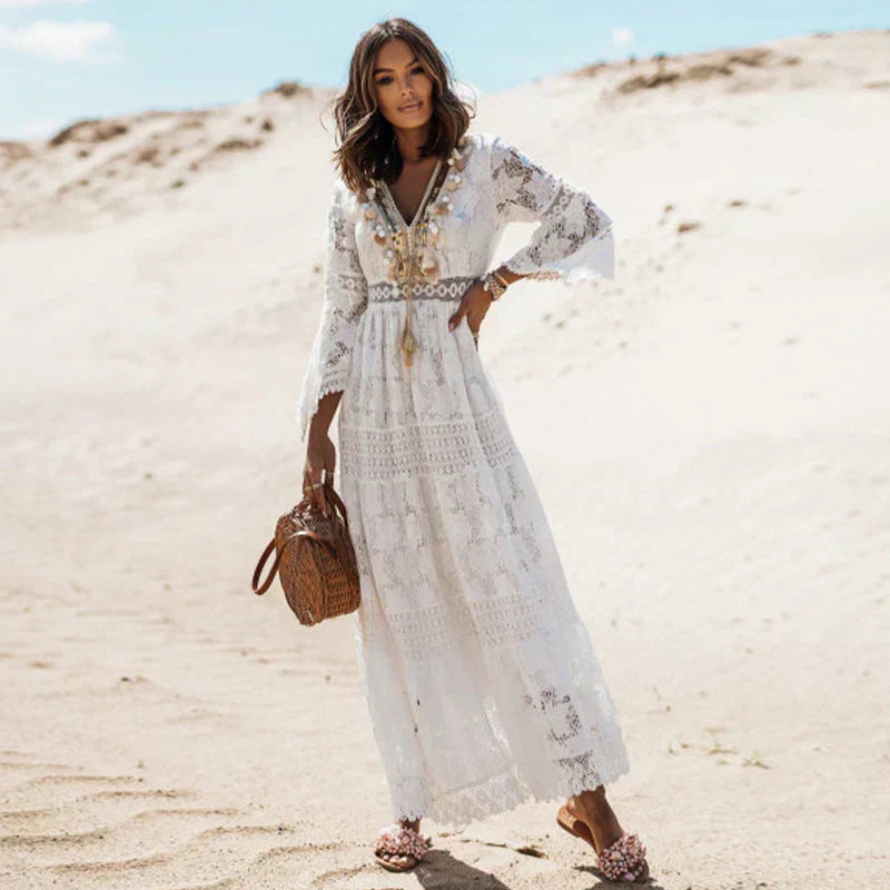 Vestido maxi fluido boho con manga larga para mujer