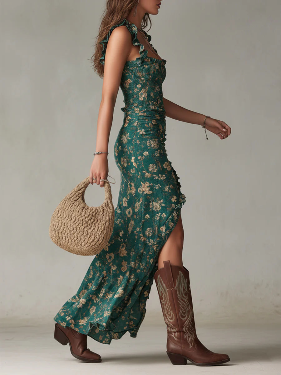 Vestido maxi fruncido con estampado floral para mujer