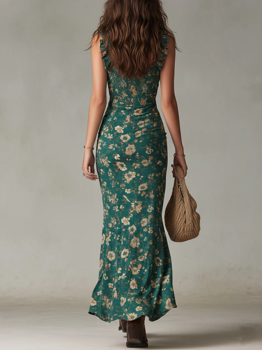 Vestido maxi fruncido con estampado floral para mujer