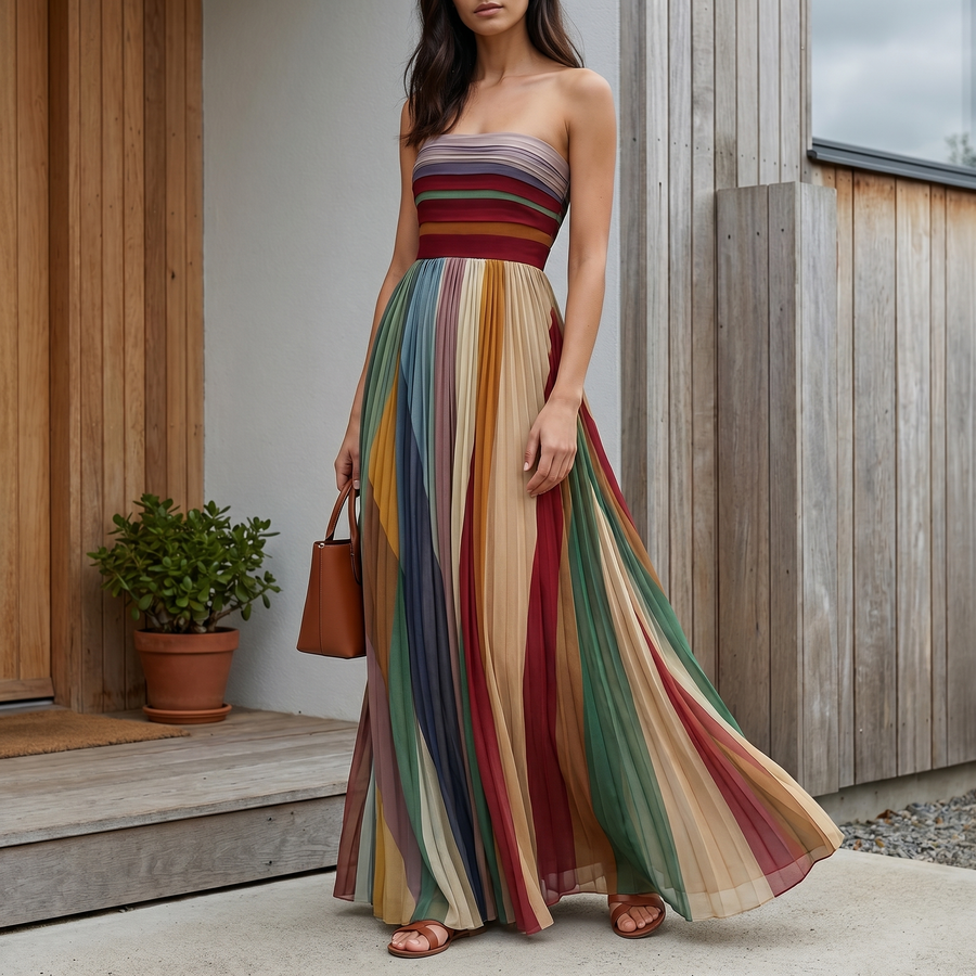 Vestido Maxi Palabra de Honor Plisado para Mujer | Vestido de Verano Cómodo con Caída Evasé