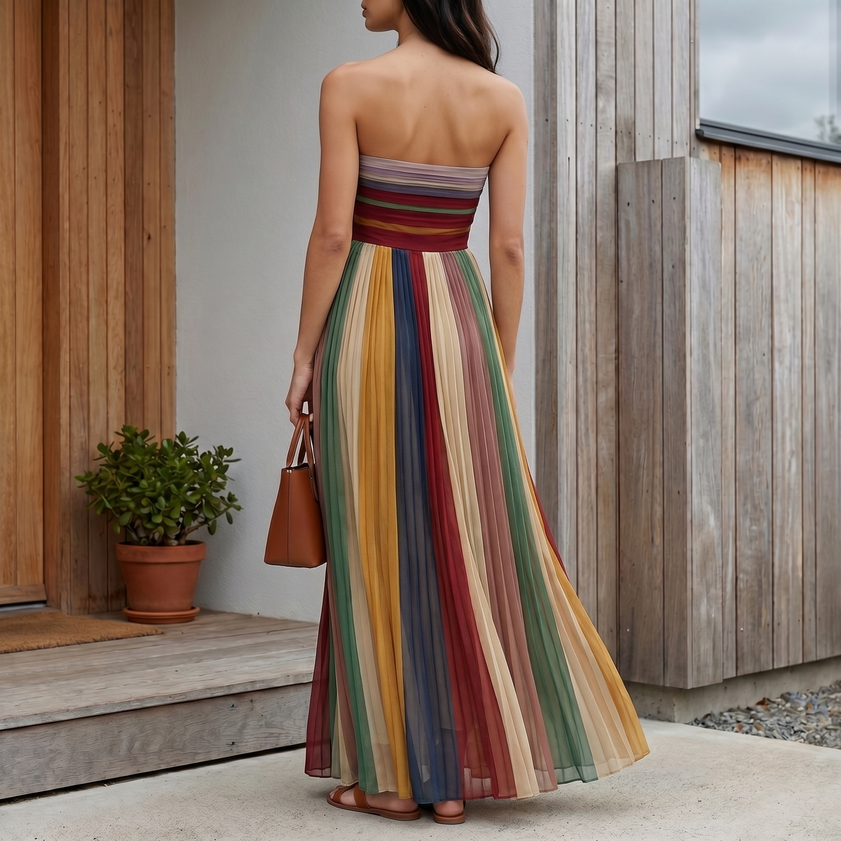 Vestido Maxi Palabra de Honor Plisado para Mujer | Vestido de Verano Cómodo con Caída Evasé