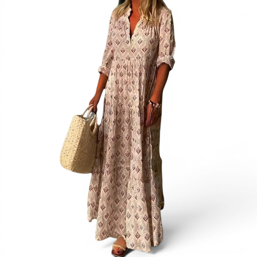 Vestido maxi para mujer con cuello en V, corte holgado y estampado vintage