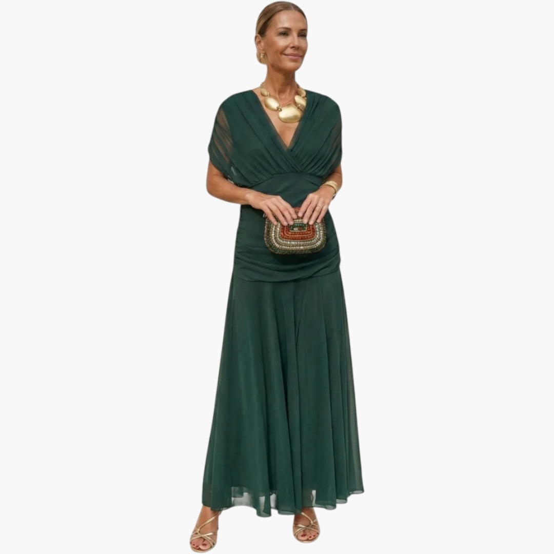 Vestido Maxi para Mujer con Escote en V y Pliegues en la Cintura