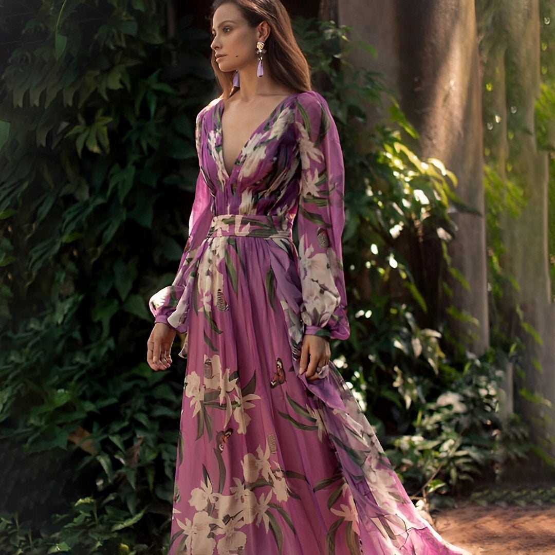 Vestido maxi para mujer con estampado floral y escote en V