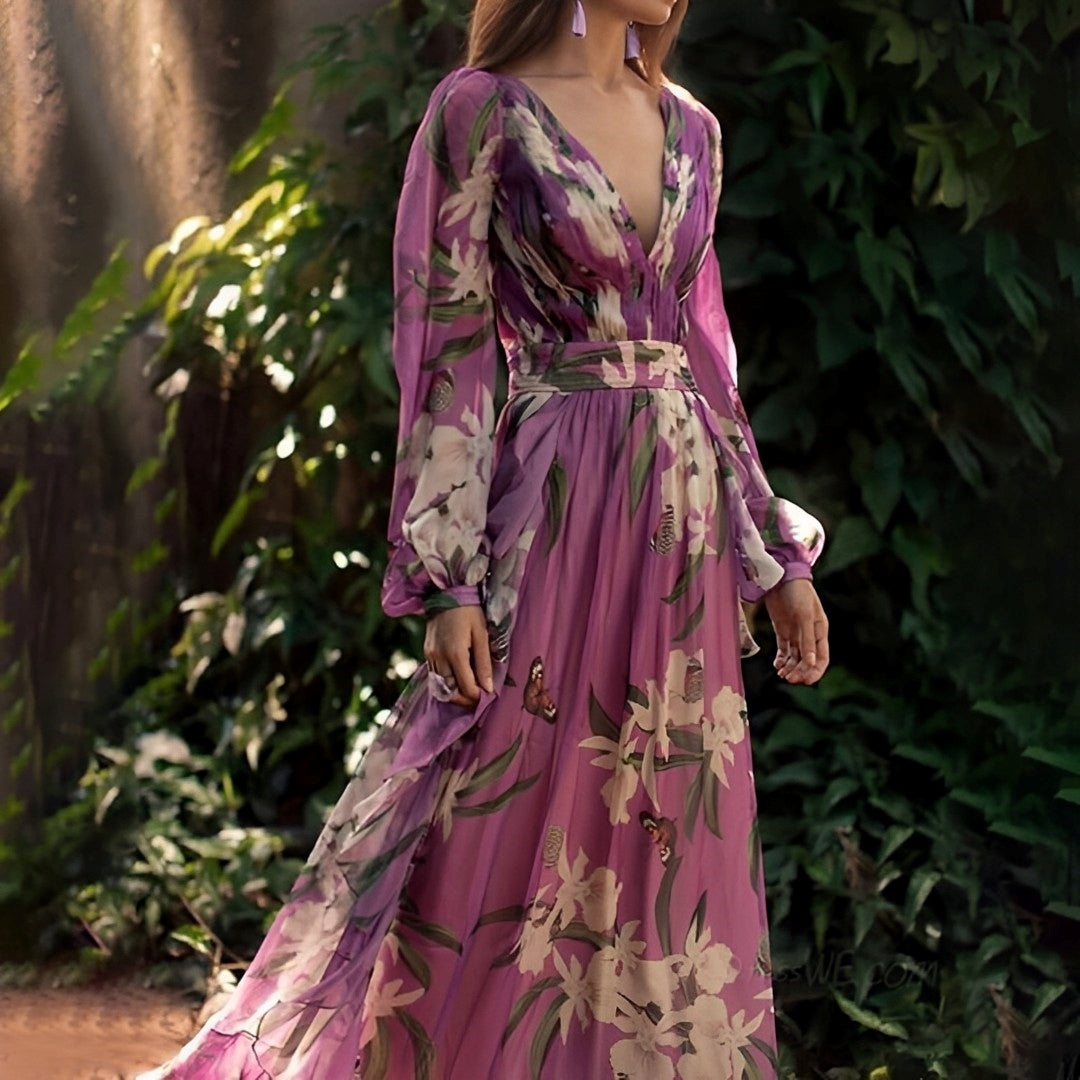 Vestido maxi para mujer con estampado floral y escote en V