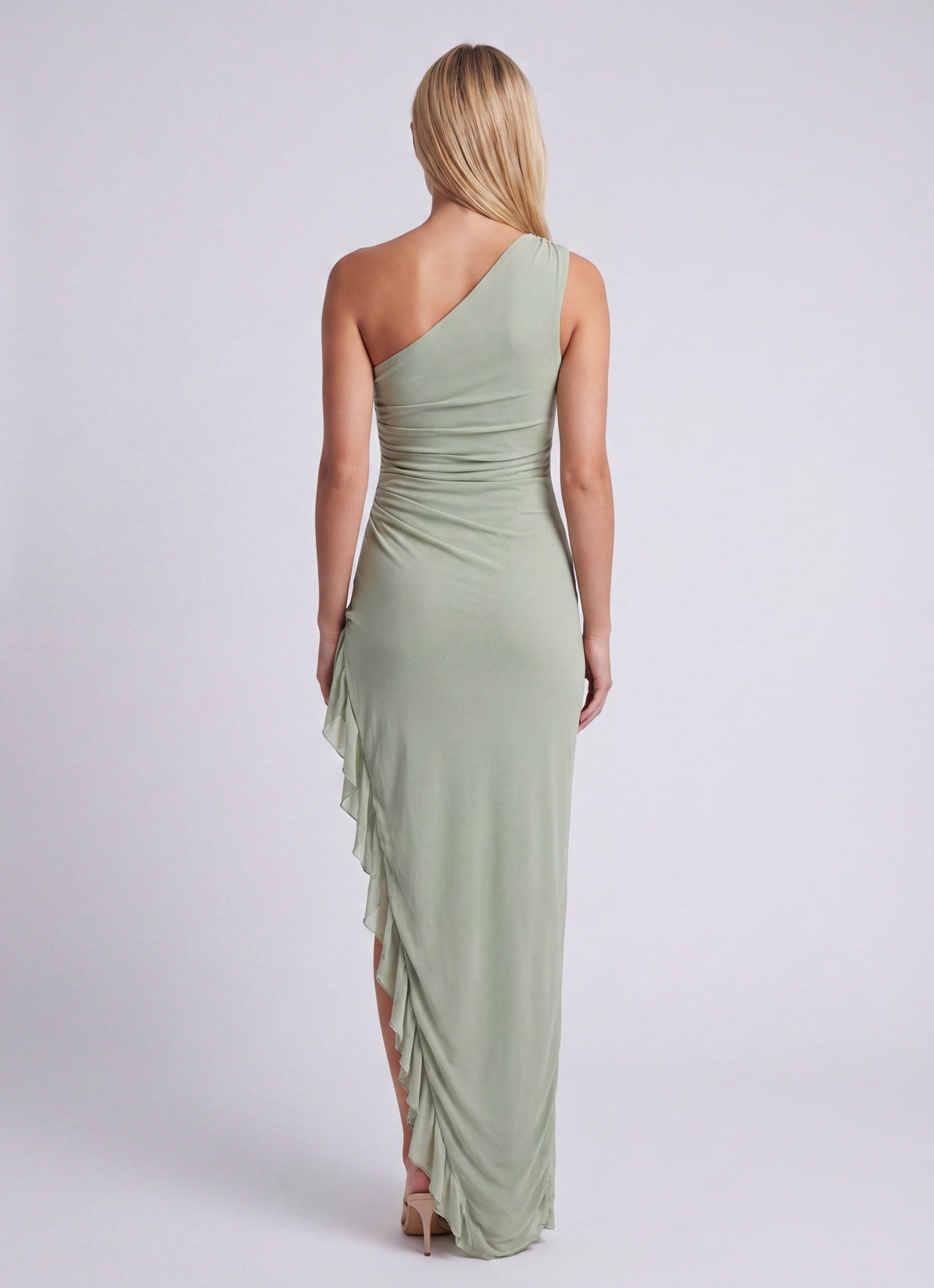 Vestido maxi para mujer de un solo hombro | Verde salvia con volantes | Corte asimétrico ajustado