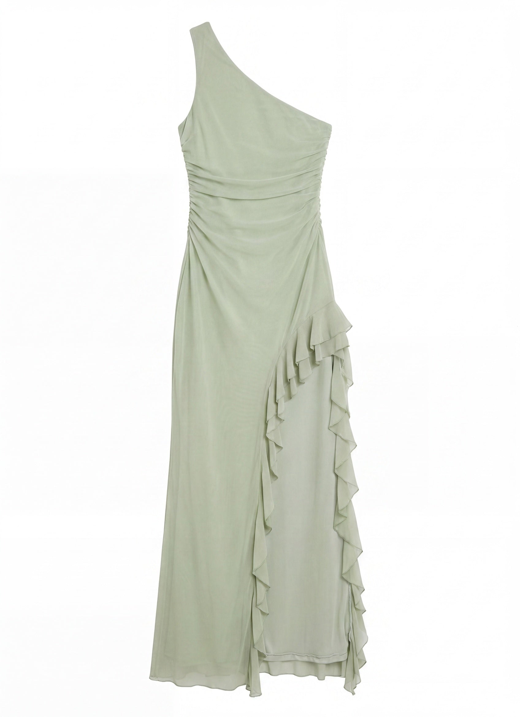 Vestido maxi para mujer de un solo hombro | Verde salvia con volantes | Corte asimétrico ajustado