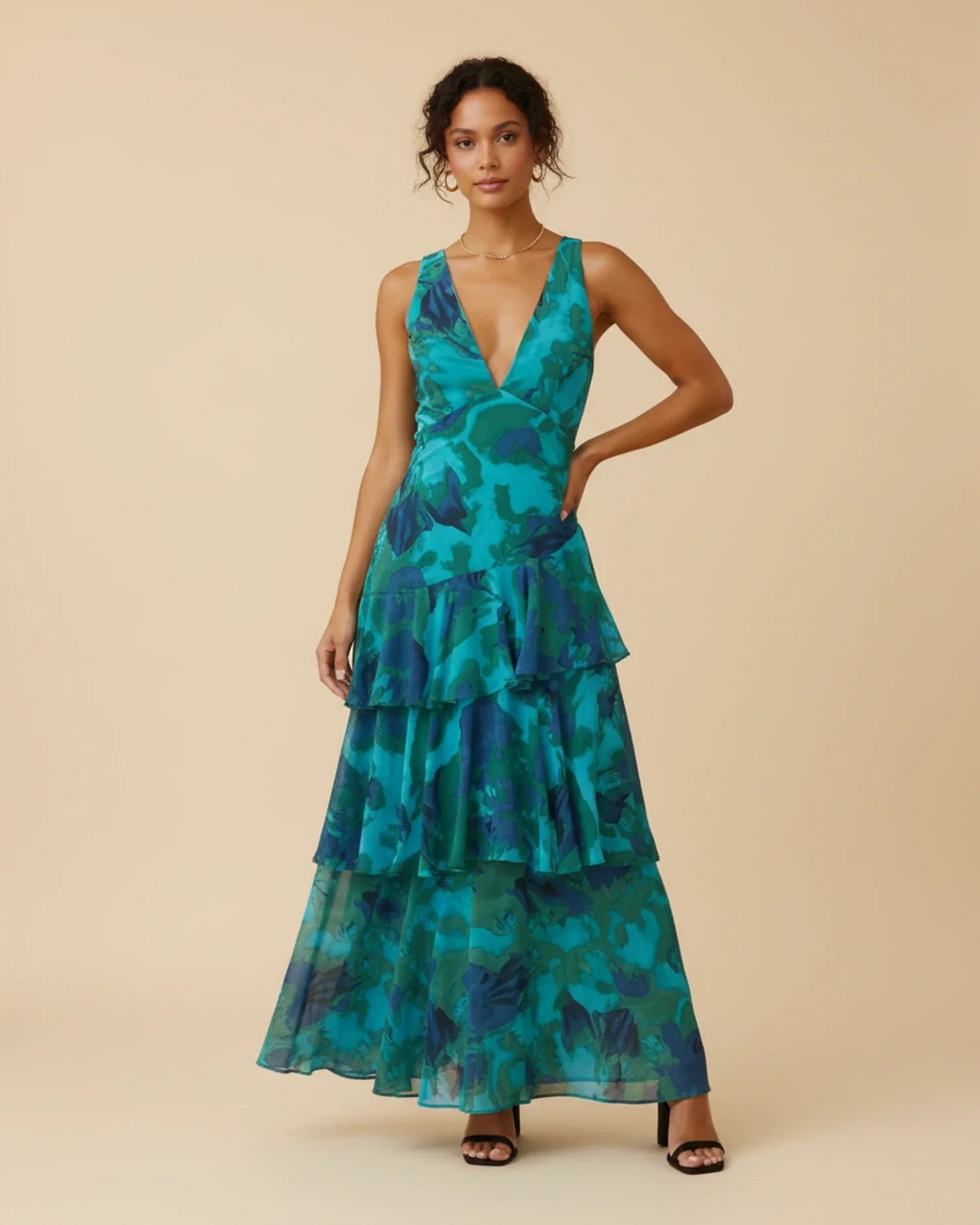 Vestido maxi para mujer sin mangas a capas con estampado floral
