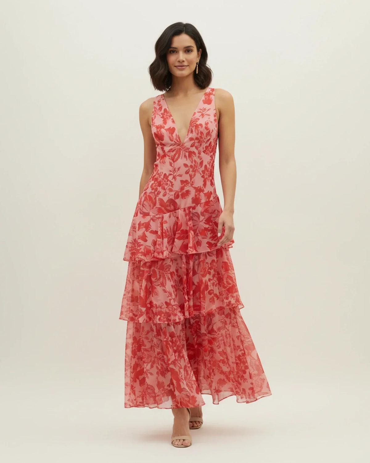 Vestido maxi para mujer sin mangas a capas con estampado floral